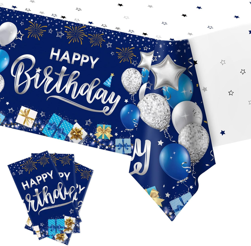 Happy Birthday Decorations, 3 Pcs Navy Blue and Silver Birthday Tablecloth for B