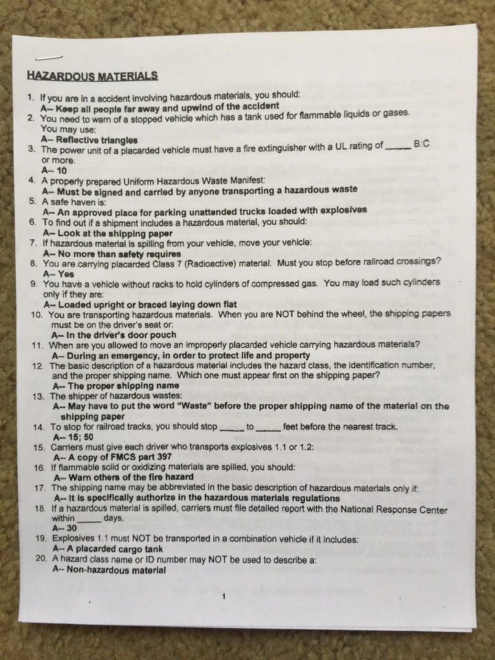 DMV Ca Commercial Class A & B License Hazmat Endorsement Test With Answers Cali