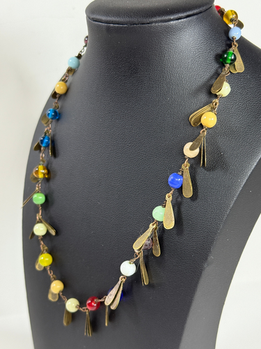 vtg 16" multicolor glass bead brass fringe choker necklace - Picture 3 of 4