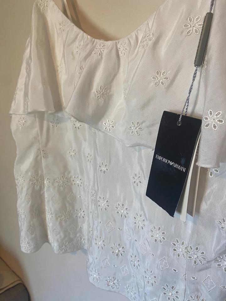 Emporio Armani Blanco Mezcla Seda Bordado Inglés Camisola Top Talla 14 Totalmente Nuevo Foto 2 de 4