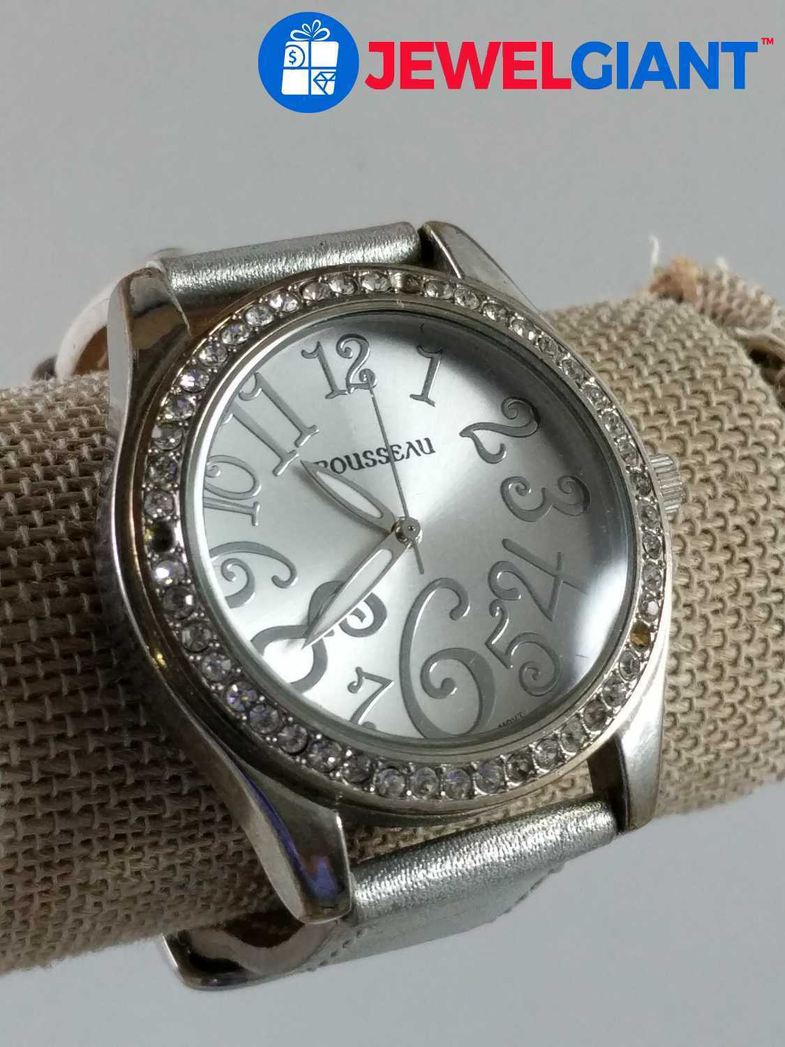 ROUSSEAU SILVER TONE WATCH 9" MISSING STONES NEEDS NEW BATTERY #cl068
