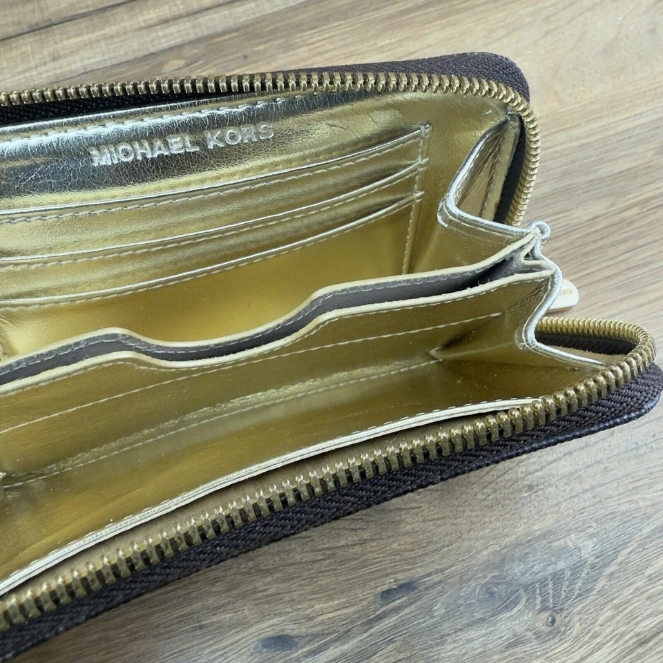 Auténtica Cartera Cartera Larga Michael Kors Logo Cuero Marrón Cremallera Alrededor De Colección Buena Foto 2 de 4