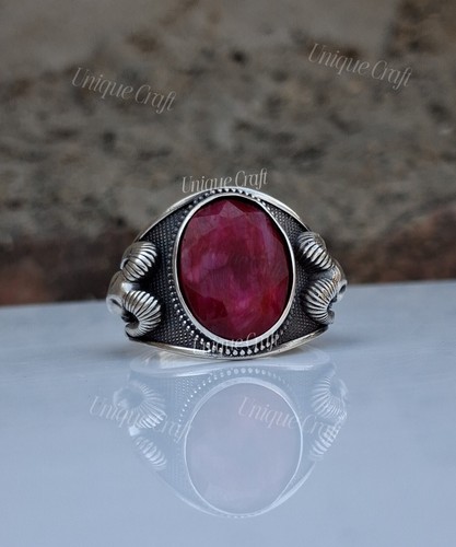 Ruby Corundum Oval Gemstone Aries Ram Head Ring, 925 Silver Handmade Men's Ring - Picture 8 of 17