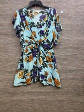 Umgee Flutter Sleeve Tie-Front Mini Dress Aqua Floral Size M Summer Casual 