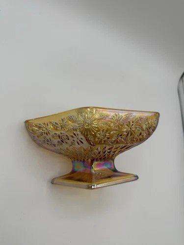 Indiana Carnival Glass Pedestal Candy Dish Marigold Floral Diamond 6.5"