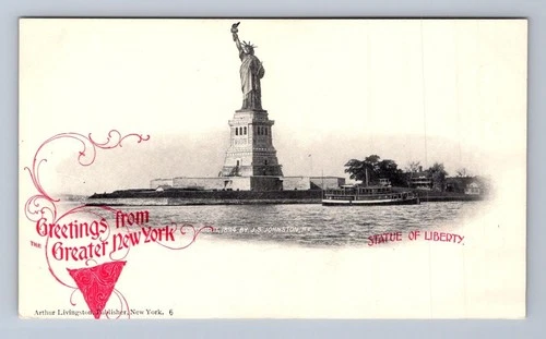GREETINGS FROM GREATER NEW YORK STATUE OF LIBERTY SHIP LIVINGSTON POSTCARD 1894