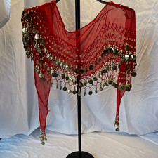 Women s Red Mesh Belly Dance Hip Scarf Wrap, Geometric Print Gold Coins