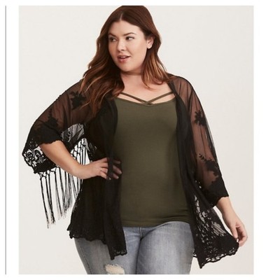 Torrid Black Lace Kimono 00/0 M/L Fringe Floral Embroidered Boho WhimsiGoth