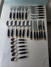 Laslo For Mikasa Continental Navy Blue And Gold Service For 6 Stainless Japan 