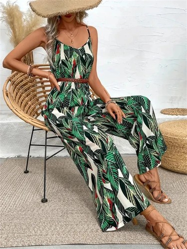 Green Leaf Tropical Print Spaghetti Strap Wide Leg Jumpsuit5 - Picture 7 of 9