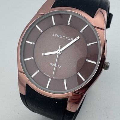 Structure Quartz Watch Men Ultra Thin Brown Black Rubber Analog New Battery