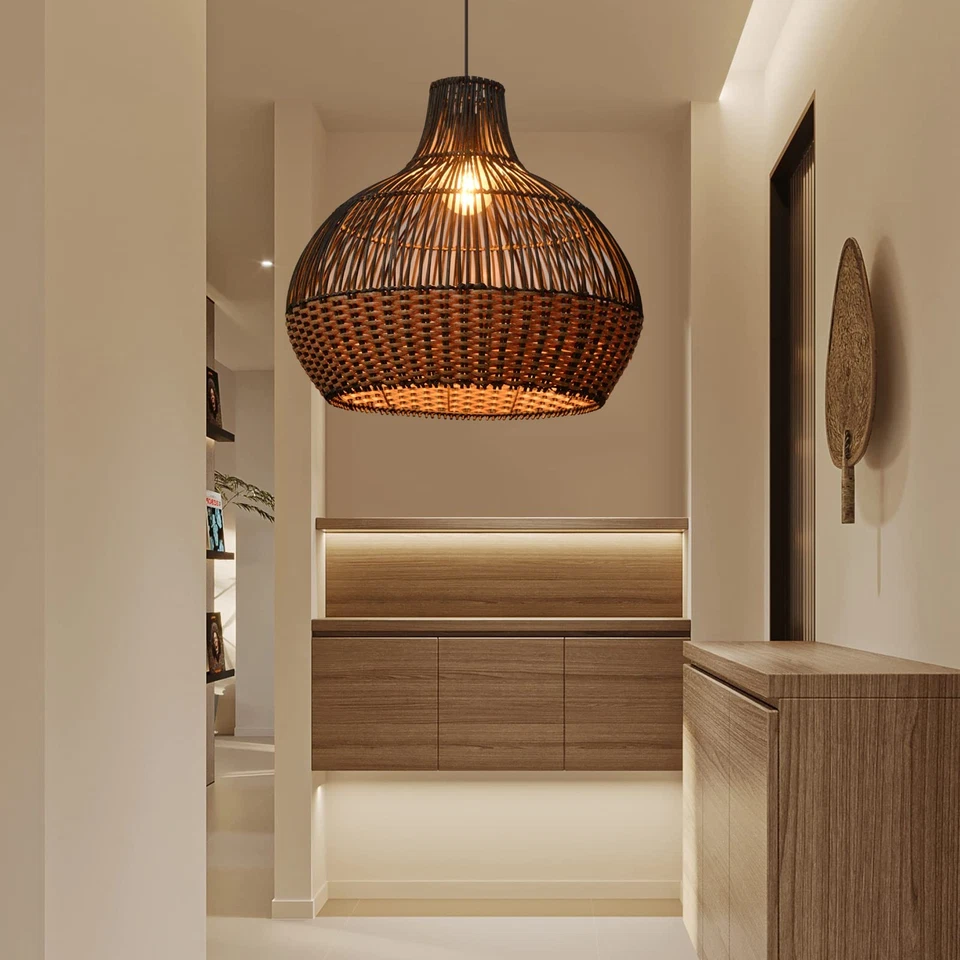 Luces Colgantes de Ratán, Araña de Mimbre Boho Cesta Lámparas de Iluminación, Naturaleza... Foto 2 de 4