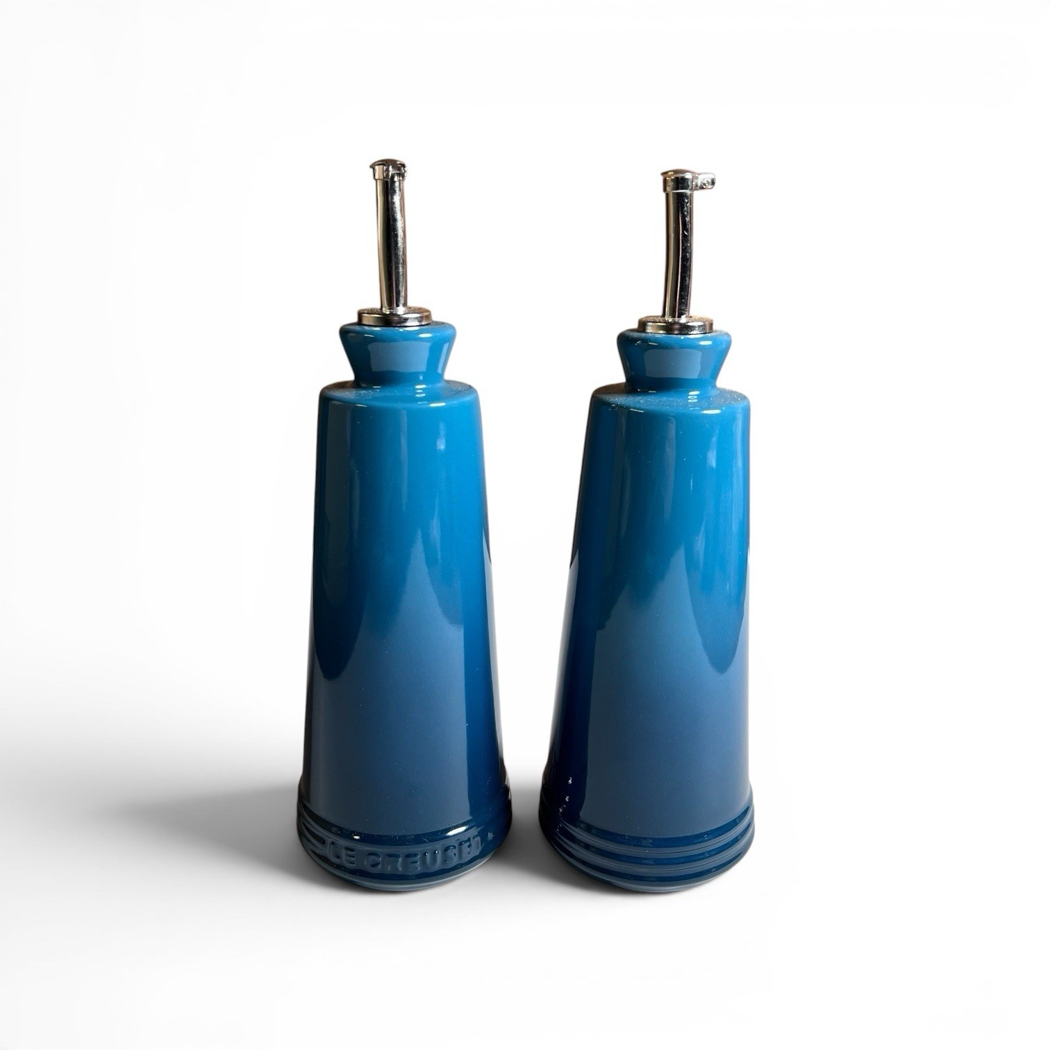 Pair (2) Le Creuset Dark Blue Ombre 10 Oz. 300 mL Vinegar & Oil Bottles