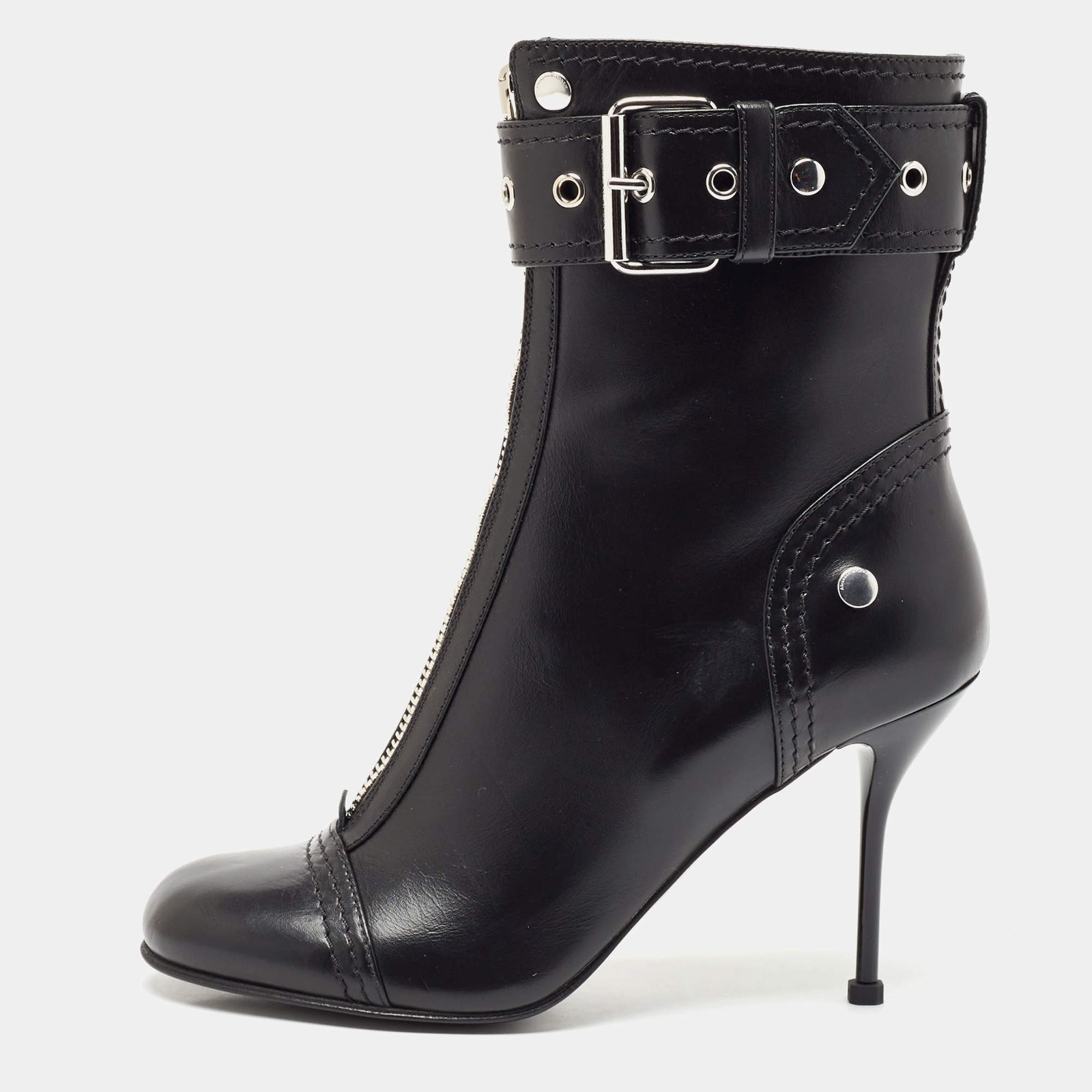 Alexander McQueen Black Leather Studded Biker Ankle Boots Size 40