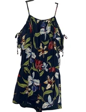 Amanda Uprichard Romper Womens Medium Navy Silk Floral Boho Print Cold Shoulder