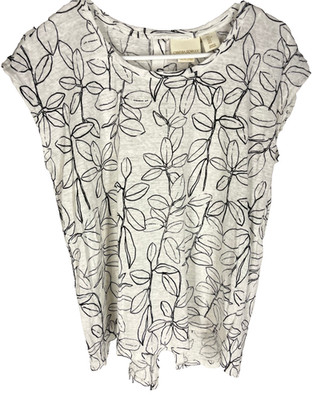 CYNTHIA ROWLEY Botanical Print Button Back 100% Linen Slub Knit T-Shirt Top sz L