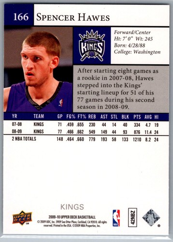 2009-10 Upper Deck #166 Spencer Hawes Sacramento Kings - Picture 2 of 2