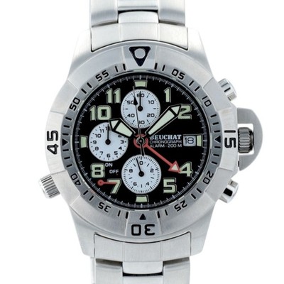 Beuchat Scub Mens Chronograph Alarm Watch Black Dial Steel Swiss 200M Diver Date