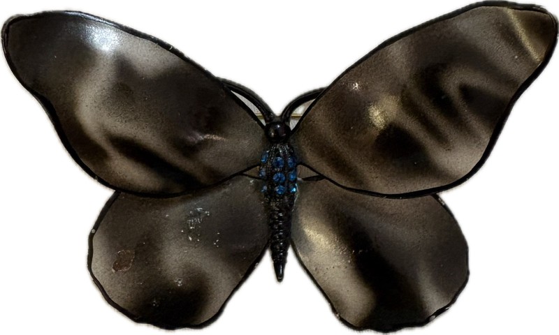 1960s Vintage Smokey Black-Marbled Enamel Butterfly Brooch Blue Rhinestone Body