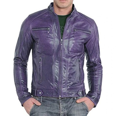 Handmade Men Motorcycle Jacket Soft Lambskin Purple Leather Classic Jacket Biker