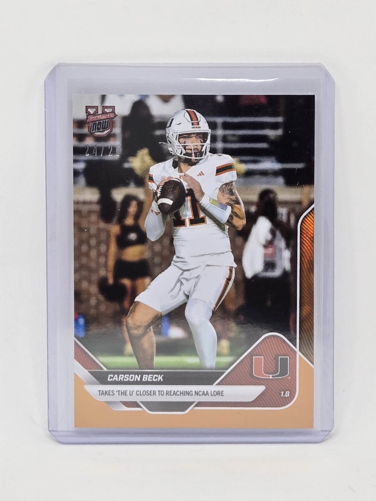 Carson Beck Miami 4 TD’s 2025-26 Bowman U NOW Card 65  Orange Foil 24/25