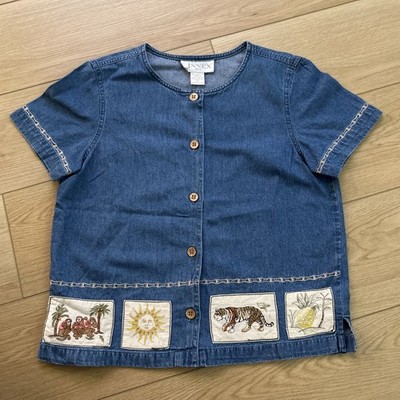 Vtg Casual Corner Annex Embroidered Denim Shirt women s P Safari Jungle Animal