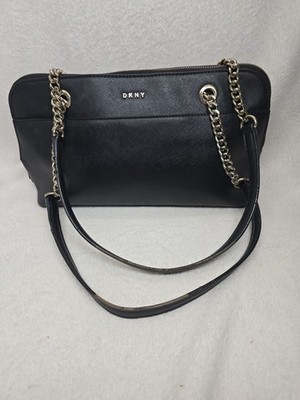 DKNY Black Shoulder Bag Zip Top Chain Strap Gold Hardware Logo Lined Pockets