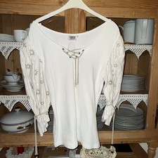 Damen Trachten Bluse Weiß Country Line Gr 42 Ärmel Aus Leinen Erbstück Top