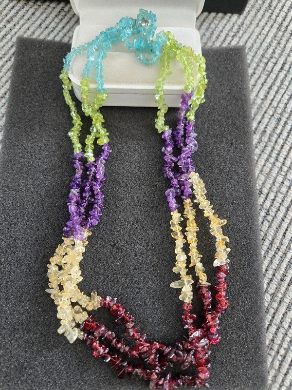 Multi Gemstone Triple Strand Necklace in Sterling Silver -Gemstone Necklace NICE