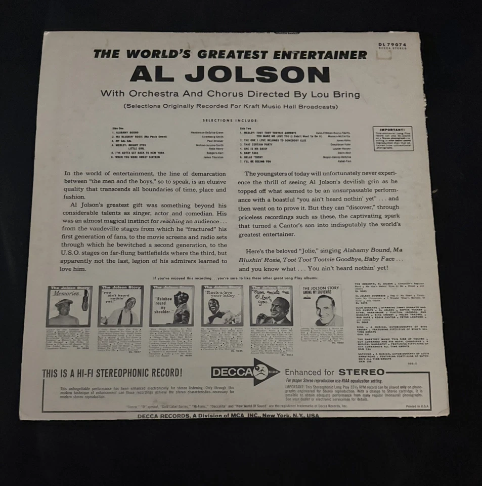 Al Jolson - The World's Greatest Entertainer Lp DL 9074 Decca In Shrink Foto 2 de 2