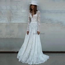 Lace A Line Boho Wedding Dress Long Sleeve Vintage Bride Dresses V Neck Button
