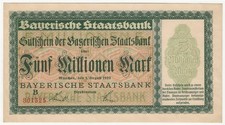 BAVARIA  GERMANY  5 MILLIONEN MARK  1923  CRISP UNCIRCULATED