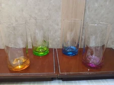 4 Libbey CRISA Hand Blown TUMBLER GLASSES Thumbprint Purple, Amber Green & Aqua