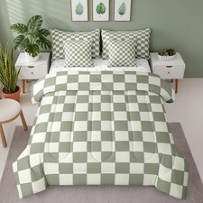 Erosebridal Plaid Full Comforter Set 7 Piece Beige Sage Green Checkerboard Bed i