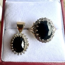 Sapphire & Diamond Halo / Cluster Ring And Pendant Set - 9ct Gold - Ring Size N