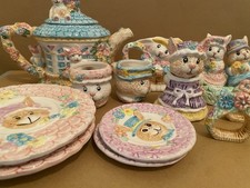 Vintage Bunny Tea Set 14 Pc Easter Ceramic Tea Party Set w/ Box Rabbit Bunny
