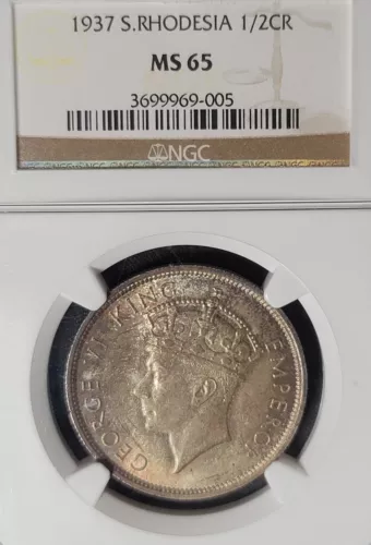 South Rhodesia 1937 Half Crown, Superb Gem, Certified NGC 65, Colorful, Rare 