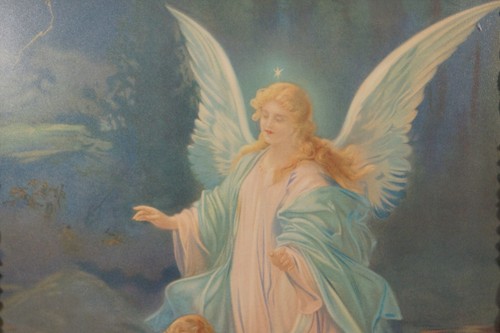 Antique Chromolithograph Print Angels Children Gesso Frame - Bild 6 von 9