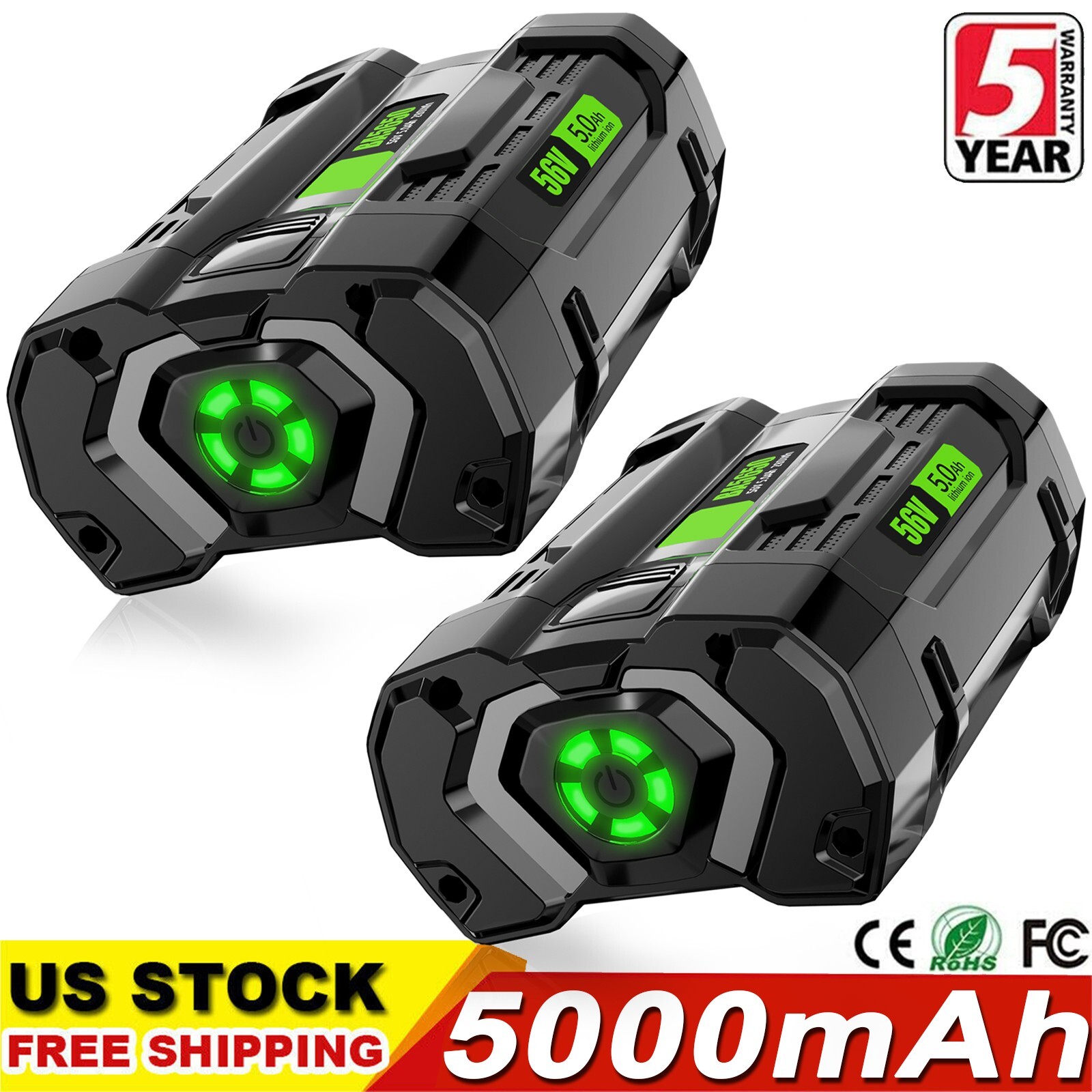 2 Pack 56V 5.0Ah Lithium Battery for EGO 56V 2.5Ah BA1400T BA1400 BA2240 BA1120