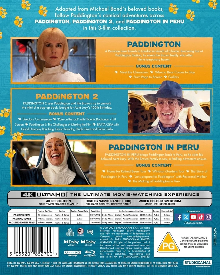PADDINGTON 3-Film Collection (2014-24) 4K UHD Blu-Ray NEW (USA Compatible) Foto 2 de 2