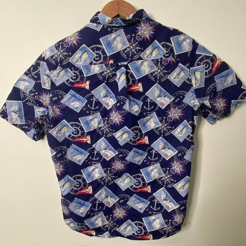 Chaps Ralph Lauren Shirt Mens Large Blue Nautical Stamps Short Sleeve Button Up - Picture 8 of 9