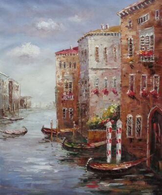 24x20 Beautiful Canal in Venice with Moorings and Gondolas under Cloudy Sky Oil