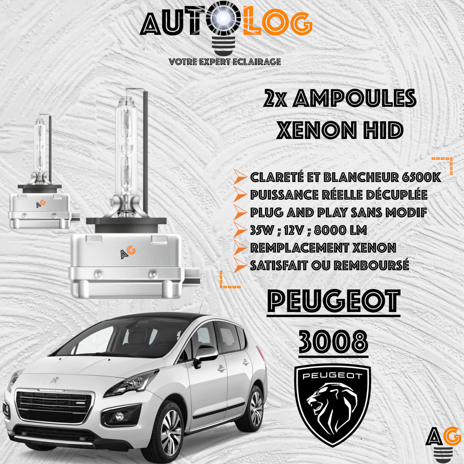 Ampoules au xénon d3s pour Peugeot 3008 kit de conversion eclairage blanc 6000k dorigine