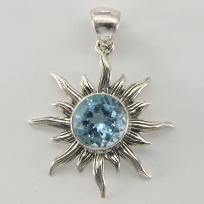 Natürlicher facettierter Blautopas Sonne / Stern Anhänger - 925 STERLING SILBER #50e