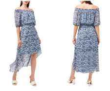 VINCE CAMUTO Floral Flower Print Off Shoulder Asymmetric Chiffon Dress S = 4/6