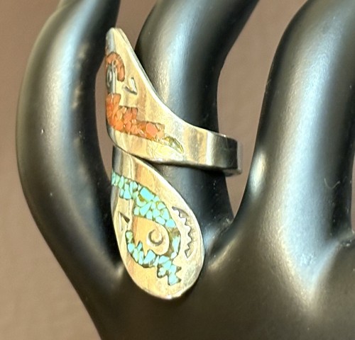 Vintage Turquoise And Coral Inlay Bypass Ring Southwest Sterling Silver Sz 6 - Picture 2 of 6