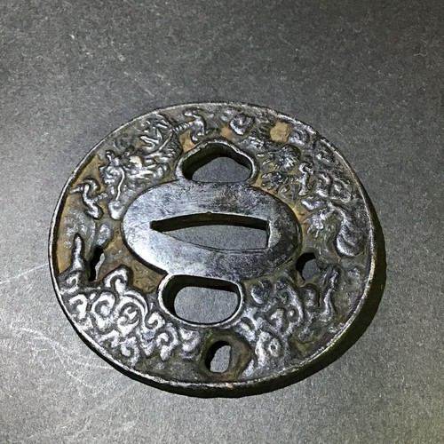 Japan antique iron Cloud Dragon Tsuba sword blade katana armor  - Picture 2 of 3