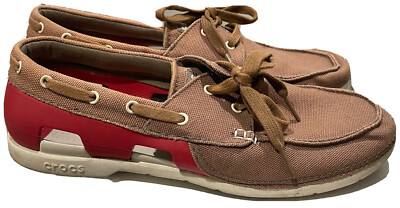 Crocs Mens Shoes Beach Line Boat Slip Ons Loafer Red Beige Canvas Size 10 