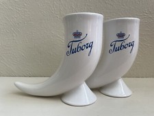 Vintage Tuborg Beer Horn Steins WHITE 2 Mugs Made in USA