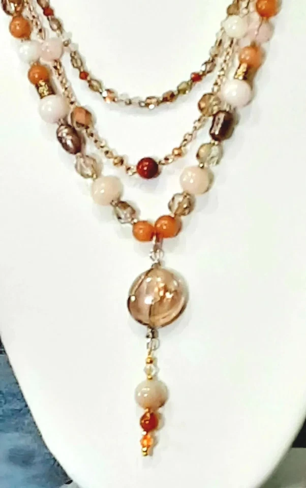 Hermosos Pendientes Collar Chico's, Cuero Tono Dorado, Cuentas Beige Naranja Fb4 Foto 2 de 4